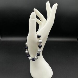 Handmade Blue & Silver Beaded Crystal Pearl Bracelet Boho Style 7''